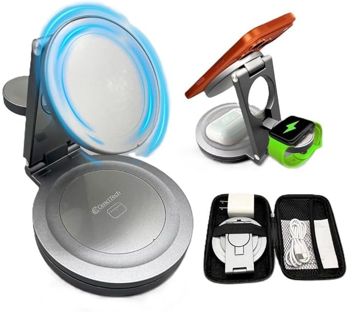 3 in 1 Magnetic Wireless Charger Station for Apple Devices, MagSafe iPhone & Watch, Earbuds Dock, Ultra-Slim Foldable Stand, 360° Adjustable, USB-C & Charging Cube, Travel-Ready.
