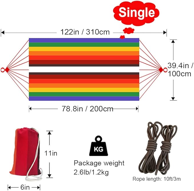 Brazilian Single Hammock 1 Person Canvas 200X100cm Total Length 310cm Load 250kg Cotton Hammock for Garden Backyard Outdoor and Indoor