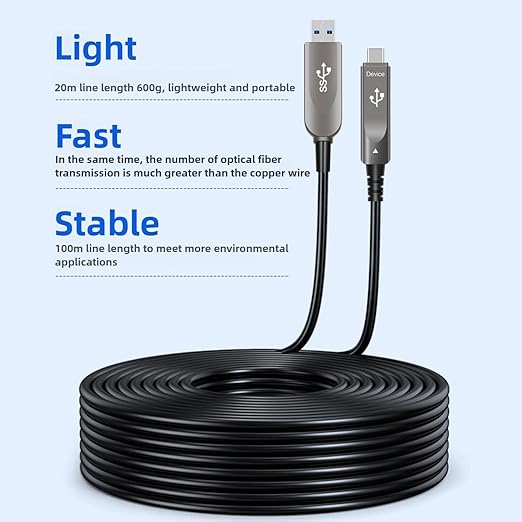 164ft/50m USB A to C Fiber Optic Data Cable, 10Gbps Long Distance Data Transfer USB 3.1 A to C, for VR, Camera, PC, Laptop, Webcam, Printer, Webcam etc.