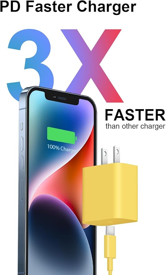 10FT iPhone 14 13 12 Charger Fast Charging 20W PD USB C Wall Charger with 10FT Fast Charging Cable Compatible iPhone 14/13/12/11/Pro/Pro Max/Mini/Xs Max/XR/X, iPad - Yellow