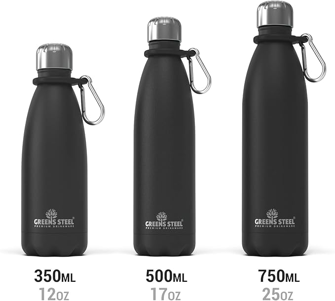 Greens Steel Stainless Steel Water Bottle - 17 oz, Black | Vacuum Insulated Double Wall with Screw Lid/Leak Proof | Thermal Travel Sports Canteen Coffee Flask