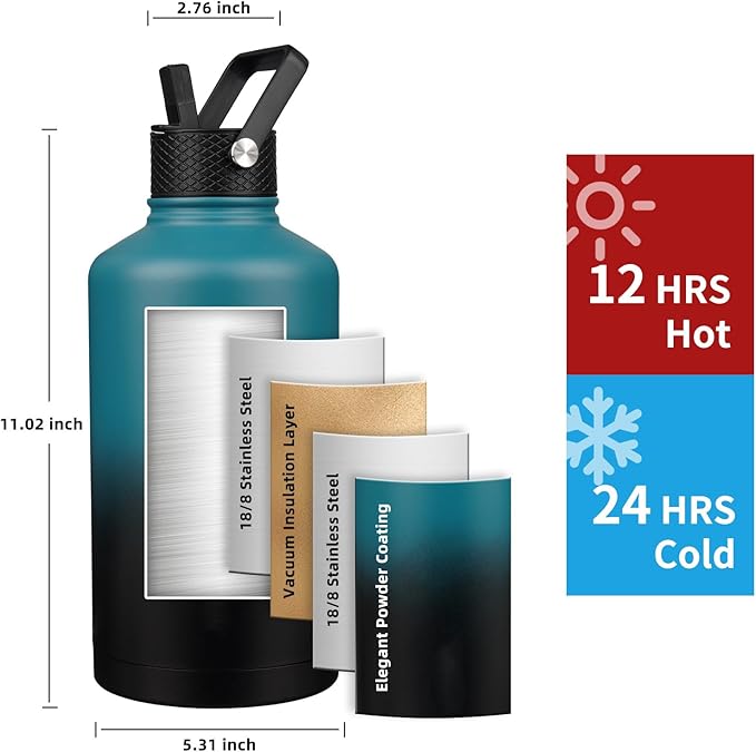 Insulated Water Bottle 87oz,Triple Wall Vacuum Stainless Steel(Dishwasher Safe),Leak Proof & Non-BPA,Flask Jug with Paracord Handle & Straw Spout Lids Sports Gradient indigo blue/black