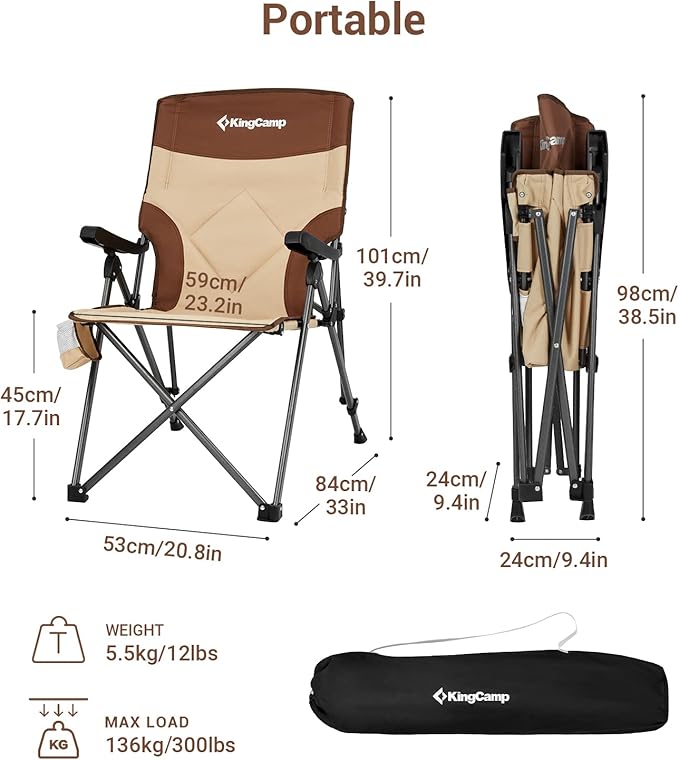 KingCamp 3-Position Adjustable Camping Chairs Heavy Duty High Back Oversized Chairs for Outside Portable Padded Backrest Camp Chair (Khaki/Coffee)