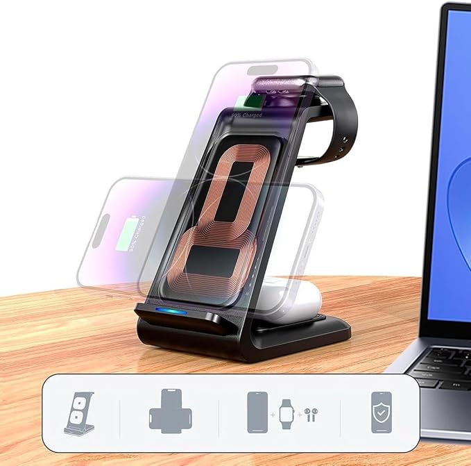3-in-1 Magnetic Wireless Charger – Fast Charging Dock for iPhone, Apple Watch & AirPods – Foldable Stand with USB-C Cable (Black)