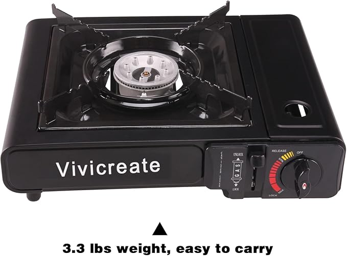 Vivicreate 8500 BTU Portable Butane Gas Stove for Camping Cooking Outdoor, Lightweight Portable Stove Burner with Auto Ignition, Estufa de Gas Portátil para Camping al Aire Libre(Black)