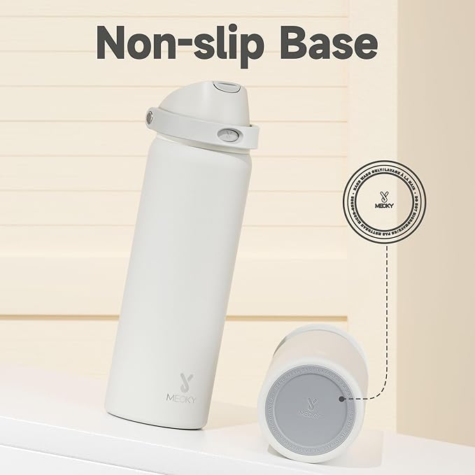 32 oz Insulated Water Bottle with Straw: Meoky Stainless Steel Metal Water Bottle with 2-in-1 Lid - Leak Proof, Cold for 24 Hours, Protective Silicone Base, BPA-Free for Sports Gym, Ivory
