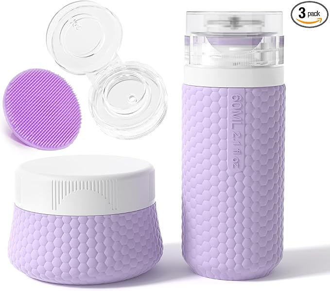 2 oz Travel Bottle Silicone Small Liquid Travel Containers 2 Pack Leak Proof TSA Approved Bottles On The Go Size Traveling Kit for Toiletries Shampoo Body Wash Skincare Lotion Women - Leather Purple