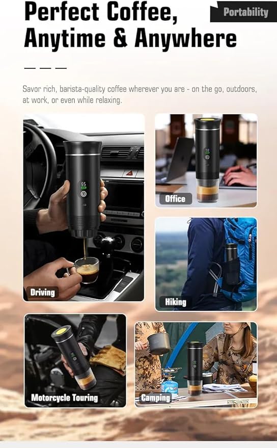 Portable Espresso Coffee Maker Rechargeable Self Heating Machine For Travel Car 3 in 1 Ground Coffee and NS Capsules 20 Bar Pressure Smart LED Display Camping Office Home Car RV Travel USB C (BLACK)