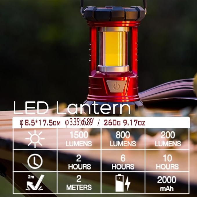 Rechargeable Camping Lanterns, 1500LM Camping Light with Phone Charger Compact Flashlights Torch, Portable Waterproof Hurricane Lanterns for Emergency, Outdoor, Power Outage