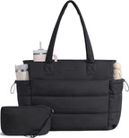 LOVEVOOK Tote Bag for Women with Giant Tumbler Holder Pocket, Puffer Work Travel Laptop Handbag with Zipper for Nurse Teacher
