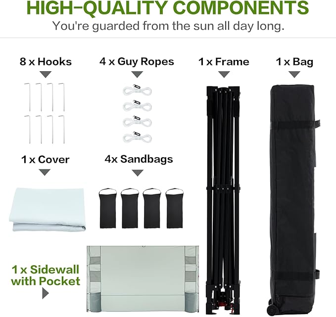 12'x12' Pop Up Canopy Tent with 1 Sidewall and 6 Pockets, One Push Setup, Instant Shade Tent with Vented Roof for Beach Patio Outdoor, Case, 8 Stakes, 4 Ropes, 4 Sandbags (White, 12x12)
