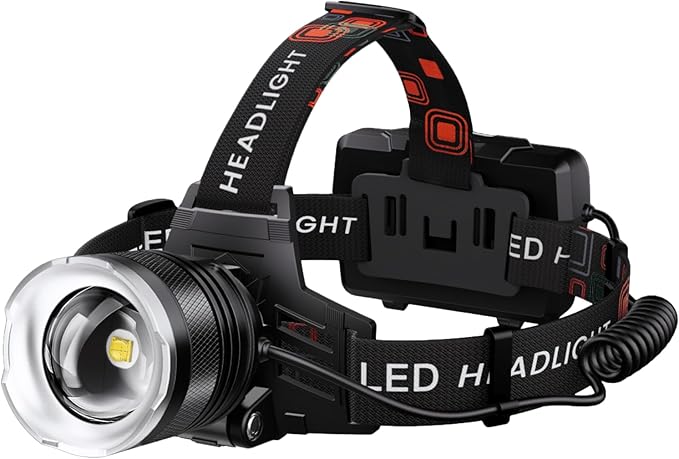 AMAKER LED Headlamp Rechargeable, 9000mAh Long Battery Head Lamp with 5 Modes, IPX7 Waterproof USB Rechargeable Headlight, Zoomable Headlamp for Adults, 90° Adjustable for Camping Hunting Climbing