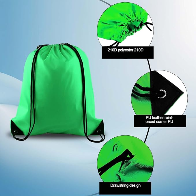 PLULON 15 Pcs Green Drawstring Bags Drawstring Backpack Bulk, String Backpack Cinch Sack Sport Gym Bags for Yoga Traveling Outdoor Sports