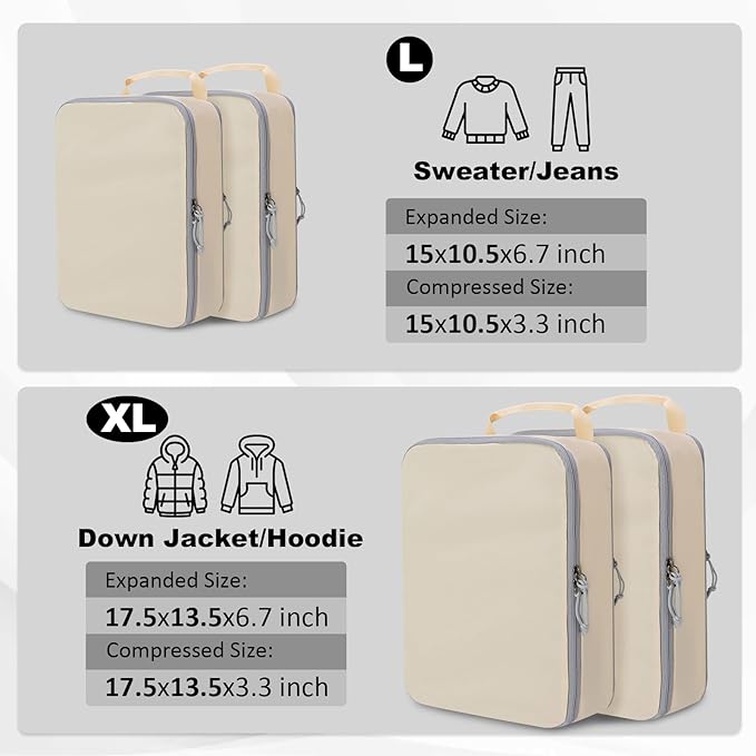 Extra Large Compression Packing Cubes for Travel Essentials, 2 Set Expandable Travel Cubes for Packing Compression Bags Luggage Suitcase Organizer, Cream