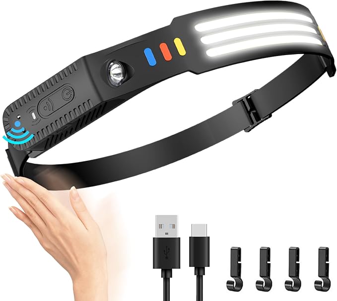 Lsnisni Headlamp Rechargeable, 230°Wide Beam Head Lamp LED, Head Flashlight with Motion Sensor, 5 Mode Head Lights for Forehead, Waterproof Headlamps for Adults Hiking Camping Gear