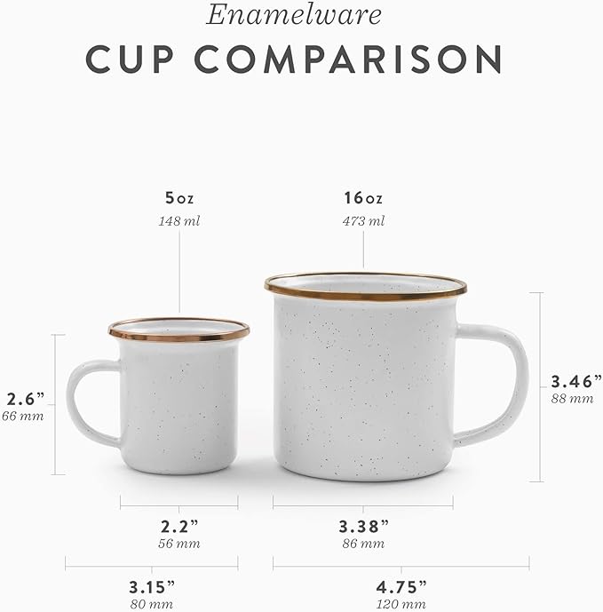 Barebones 5-Ounce Enamel Espresso Cup Set of 2 - Small Coffee Mug and Tea Cup - Stainless Steel Rim Camping Mug for Indoor and Outdoor Use (Eggshell)