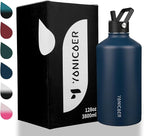 Insulated Water Bottle 128oz,Triple Wall Vacuum Stainless Steel(Dishwasher Safe),Leak Proof & Non-BPA,Flask Jug with Paracord Handle & Straw Spout Lids Sports Navy Blue