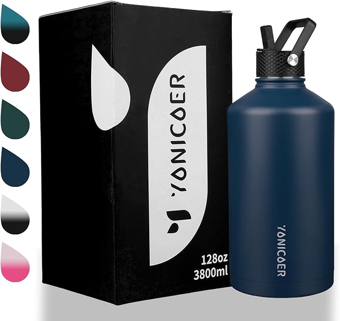 Insulated Water Bottle 128oz,Triple Wall Vacuum Stainless Steel(Dishwasher Safe),Leak Proof & Non-BPA,Flask Jug with Paracord Handle & Straw Spout Lids Sports Navy Blue