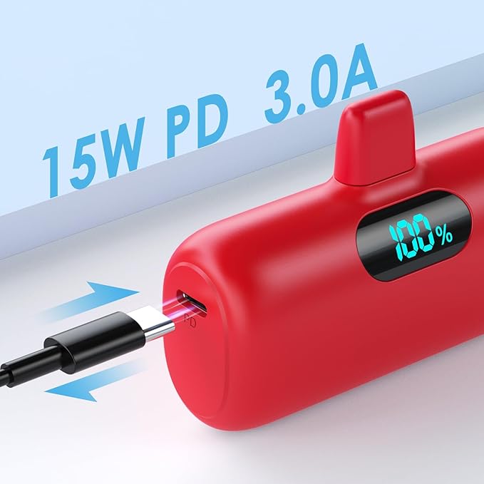 Small Portable Charger for iPhone,5000mAh PD Fast Charging Power Bank, Mini Plug-in Battery Pack Backup Charger Compatible with iPhone 14/14 Pro Max/13/13 Pro/12 Pro/11/XS/XR/X/8/7/6 etc- Dark Red