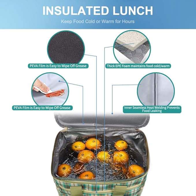 Iknoe Large Cooler Bag Collapsible 24 Can, Insulated Bags Leakproof Lunch Cooler Tote with Multi-Pockets for Adult, Insulated Lunch Box for Beach, Picnic, Work Khaki Lattice