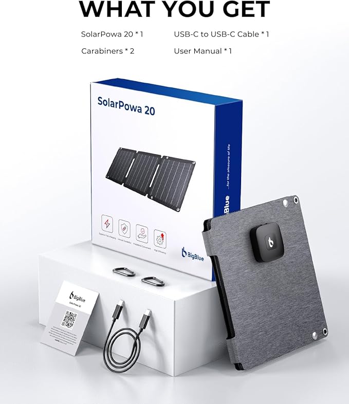 21W Solar Panel Charger BigBlue SolarPowa 20 Portable Solar Charger with USB-A/USB-C Ports, IP68 Waterproof, High-Efficiency Lightweight Foldable Solar Panels for Phones, Tablets, Camping, Backpacking