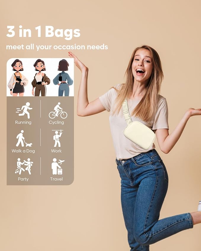 Pritent Fanny Packs for Women Cross Body Bag Waterproof Belt Bag with Adjustable Strap and Zipper Back Pocket Small Crossbody Bags Fashion Waist Packs for Workout Travelling(Ivory)