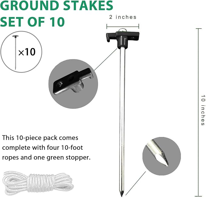 Eurmax USA Galvanized Non-Rust Camping Family Tent Pop Up Tent Stakes Canopy Anchors Heavy Duty 10pc-Pack, with 4x10ft Ropes & 1 Stopper(Black)