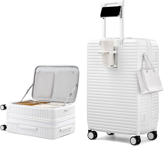Hard Shell Suitcases 24 Inch Check in Luggage with Spinner Wheels Cup Holder, Lightweight Top Opening Expandable Luggage Hard Case Rolling Medium Checked Suitcase with Lock, White