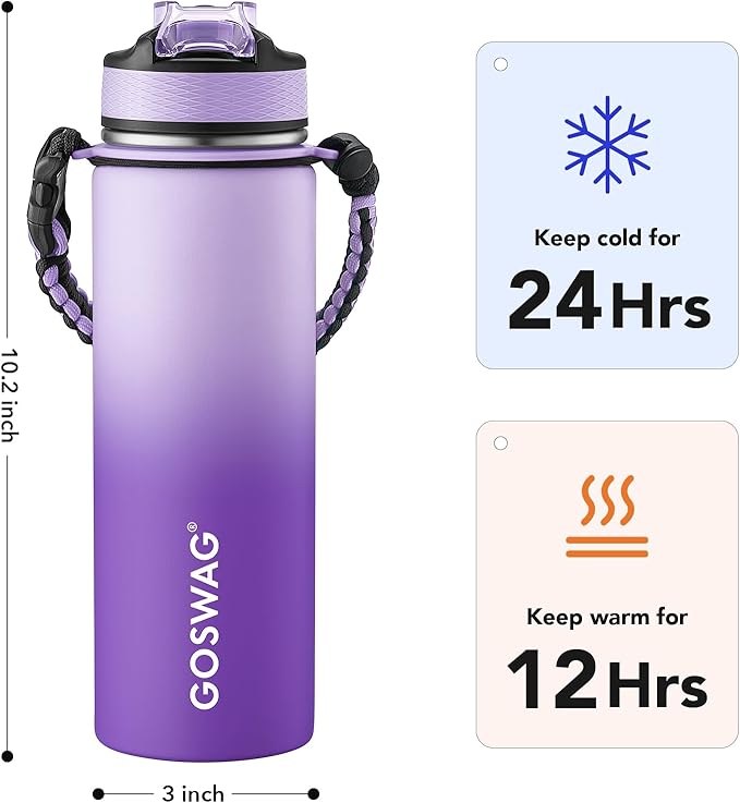 GOSWAG Insulated Sports Water Bottle, 24oz 2 Lids(with Straw/No Straw), Stainless Steel Water Bottles with Paracord Handle, Insulated Bottle with Double-Wall Vacuum Insulation