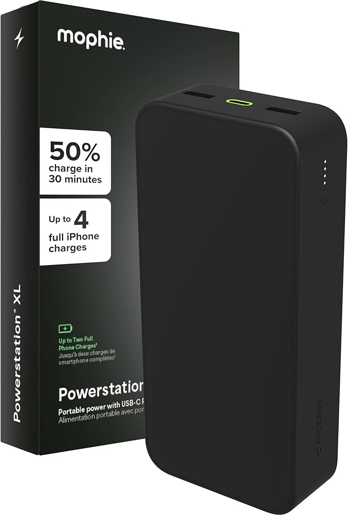 mophie Powerstation XL Power Bank 2023-20,000 mAh Large Internal Battery, (2) USB-A Ports and (1) 20W USB-C PD Fast Charging Input/Output Port, Travel-Friendly