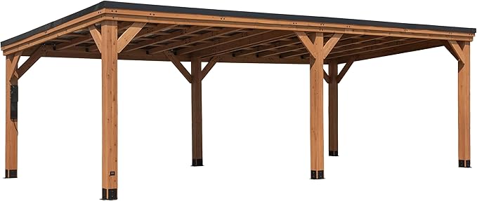 Backyard Discovery Arcadia 24' x 12' Cedar Wood Outdoor Gazebo Pavilion with Hardtop Galvanized Steel Slope Roof, Snow Support, Wind Resistance, PowerPort, Shade for Garden, Patio, Deck, Entertaining