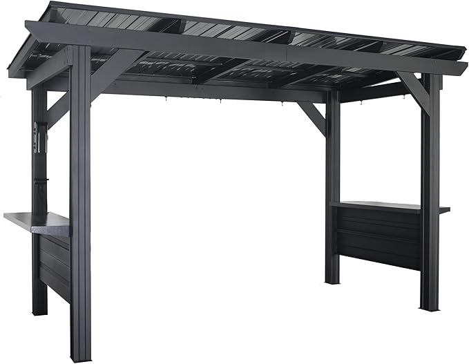Backyard Discovery Rockport XL 12' x 6' Galvanized Steel BBQ Grill Gazebo Pavilion with Hardtop Steel Roof, Bar Tops, Powerport, Snow Support, Wind Resistance, Cook Station for Outdoor Patio or Deck