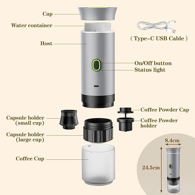 Portable Espresso Maker, Travel Coffee Maker for camping, Portable Espresso Machine with USB-C, 3-in-1 Small Espresso Machine with Ground Coffee & Capsules (NS＆DG) for RV, Hiking, Office (Silver)