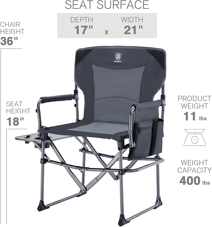 EVER ADVANCED Camping Directors' Chair with Side Table, Portable Folding Chair with Compact Size, Heavy Duty with Pocket for Camping, Lawn, Sports and Fishing, 400lbs, Gray 2 Pack