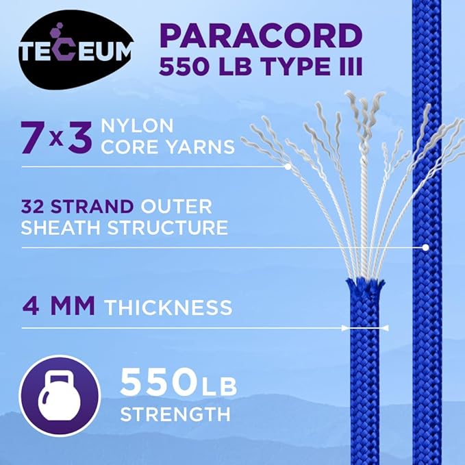 TECEUM 5/32" Paracord Rope 1000 – 1000ft / 200ft / 100ft / 50ft – Tactical Parachute Cord 4mm – 45+ Colors – Nylon String for Survival & Camping Gear – Stripe Cord for Survival – Utility Rope