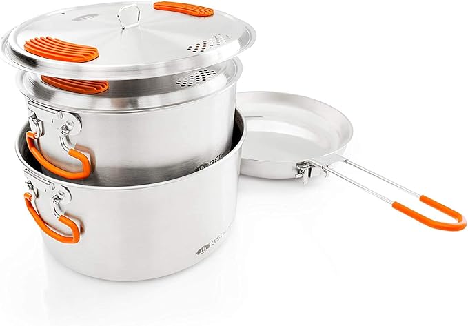 GSI Outdoors Glacier Stainless Steel Base Camper - Large - 3 Pieces Cookset - Compact, & Durable Pot Pan for Camping