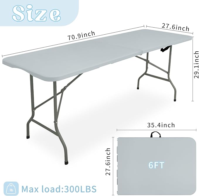 Set of 2 Folding Table 6 FT Lightweight Camping Table Portable Plastic Rectangular Outdoor Dining Table Steel Legs Fold-in-Half with Carrying Handle for Indoor,Picnic,Party,Wedding,Events(Grey)