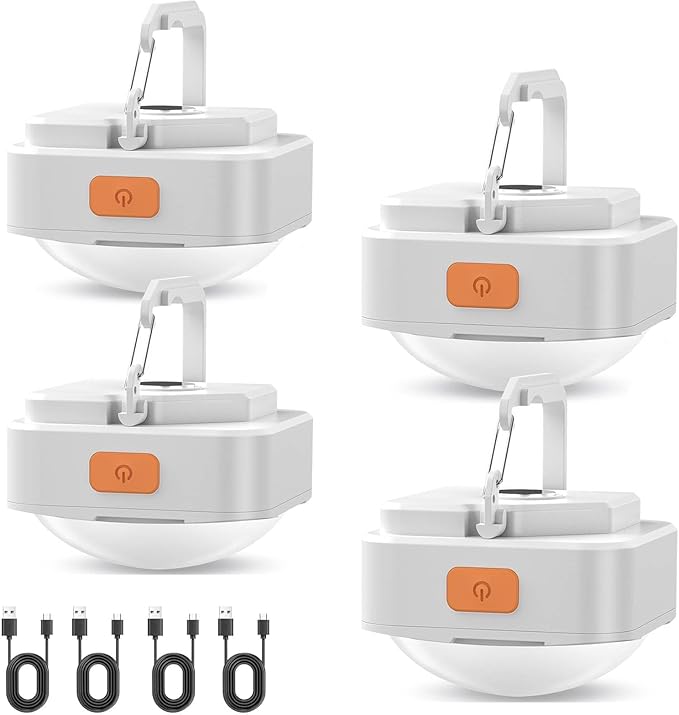 Rechargeable Camping Lights FLY2SKY 4Pcs White Tent Lights Mini Flashlight Portable LED Camping Lantern Survival Gear Camping Accessories for Hiking Backpacking Fishing Hurricane Emergency Outage