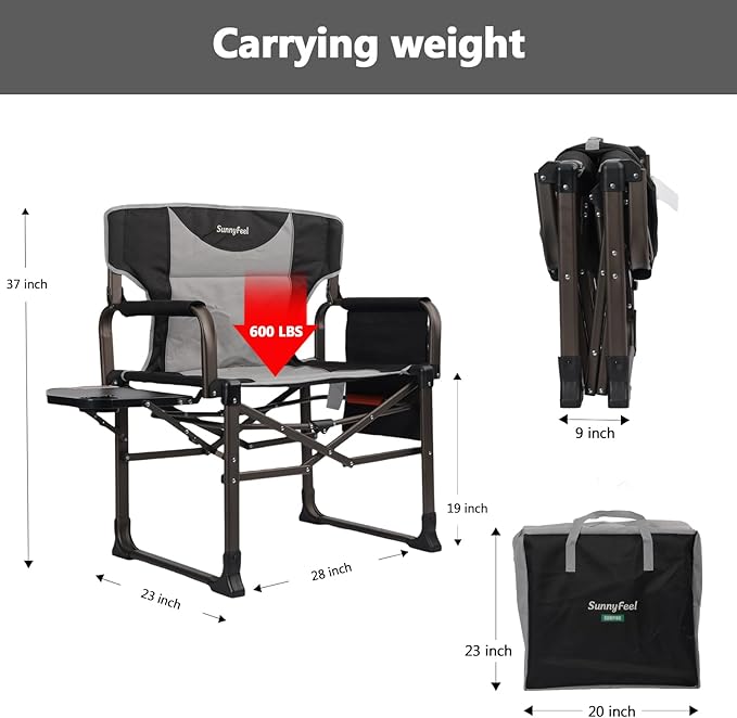 SUNNYFEEL Oversized Camping Directors Chair Black Portable Folding Chair for Adults Support 600lbs with Side Pocket and Side Table for Beach, Fishing, Trip, Picnic, Lawn, Outdoor Foldable Camp Chairs