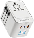 Universal Travel Adapter, International Travel Plug Adapter with 2 USB-C(GaN 45W) ＆ 1 USB-A Ports, All in One Portable Adaptor, for USA, UK, EU, AU ＆ 224+ Countries (White) US