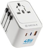 Universal Travel Adapter, International Travel Plug Adapter with 2 USB-C(GaN 45W) ＆ 1 USB-A Ports, All in One Portable Adaptor, for USA, UK, EU, AU ＆ 224+ Countries (White) US