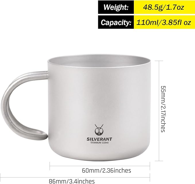Camping Mug Titanium Double Wall Coffee Tea Cup (110ML Double-Wall Cup with Class Handle)