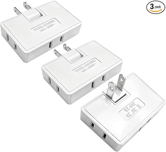 Flat Outlet Extender,3 Way 2 Prong180 Degree Portable Swivel Wall Tap Plug,Ultra Thin Folding Electrical Outlet Splitter (Easy Install),Type A,White,Pack of 3
