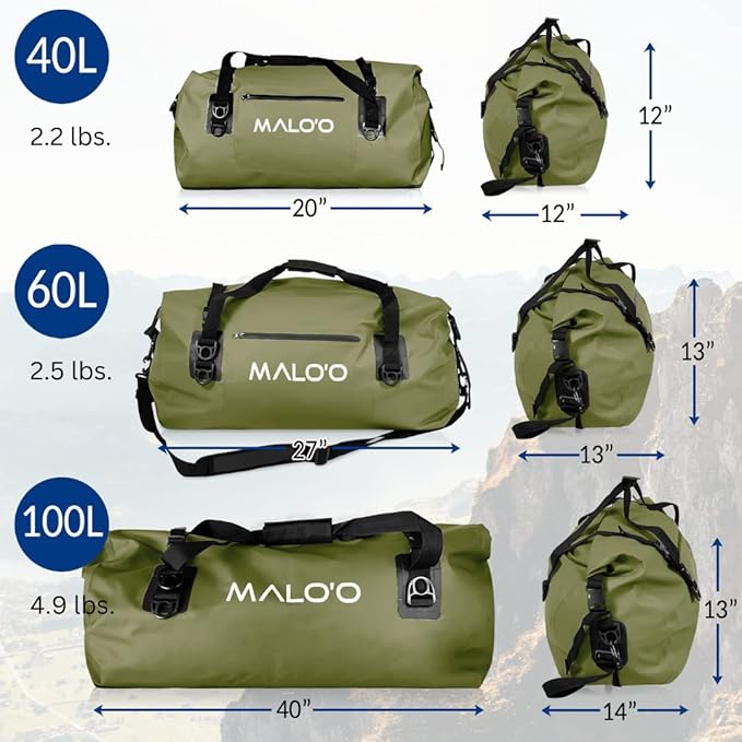 Malo’o Waterproof Dry Duffel, Heavy-Duty Roll Top Waterproof Gear Bag with Shoulder Strap & Molle Loops, Marine Duffel for Kayaking, Boating, Camping, Beach & Travel, Dark Green, 60L