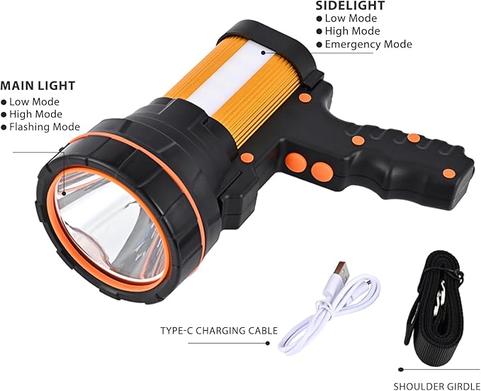 Rechargeable Spotlight Flashlight Water Resistant 8 Hour Runtime LED Super Bright Handheld Searchlight with Shoulder Strap,for During Hurricane Emergency Walking Outages Boating Camping Lantern