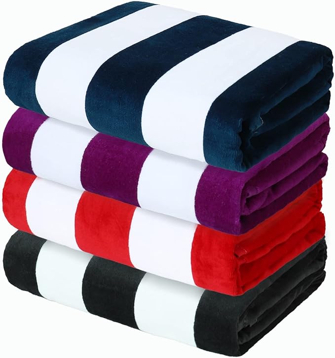 Exclusivo Mezcla 4 Pack Cotton Oversized 35x70 Inches Soft Cabana Stripe Thick Beach Towel, Super Absorbent Travel Bath Pool Towel (Charcoal Grey/Dark Navy/Purple/Red)