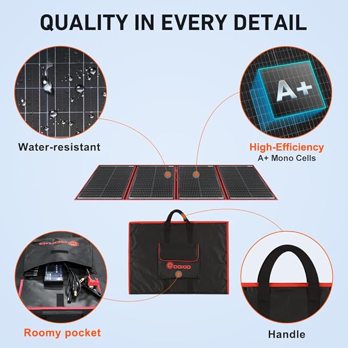 DOKIO 200W Portable Foldable Solar Panel Kit (20x27in, 9.7lb), with Separate Controller and Dual USB, Monocrystalline Charger for 12V Batteries & Power Stations, RV Camping Trailer Emergency Backup