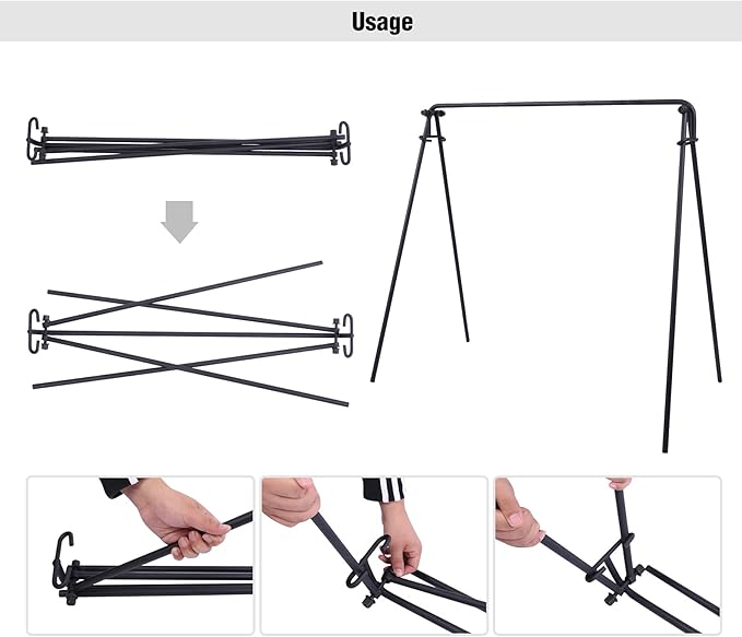 REDCAMP Swing Outdoor Campfire Grill Stand - Collapsible Campfire Cooking Rack with 6 Hooks & Stainless Steel Grill Grate, Portable Dutch Oven Hanger for Camping, Cookware, Bonfire, Rectangle