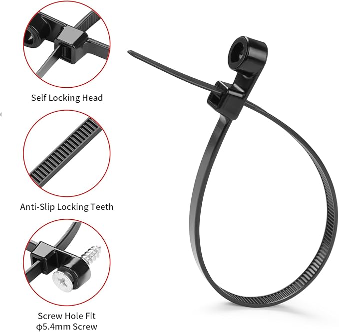 200 PCS 6 inch Black Zip Ties with Screw Hole 70lbs Mountable head Cable Ties Straps Multipurpose Heavy Duty Nylon Cable Zip Ties with Screw Mounting Hole