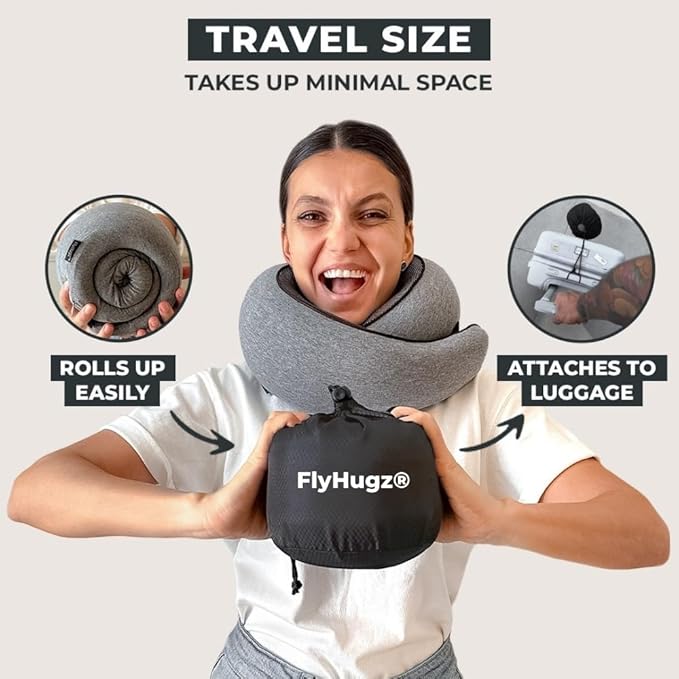 FlyHugz® Neck Travel Pillow | Memory Foam Neck Pillow for Comfort on Airplane | Compact and Ergonomic Design for Travel, Car Rides, and Home Use | Ideal for Adults and Kids